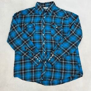 Wrangler Wrancher Mens Western Button Up‎ Shirt Blue Plaid Pearl Snap Pockets